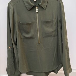 Green Long Sleeve Blouse with Zipper